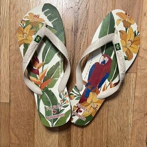 FARM Rio Green and Yellow Sandals with Tropical Design